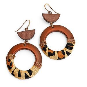 C.i.T.Y. Boho Leopard Animal Print Wood Cable Chain Hoop Dangle Earrings NEW